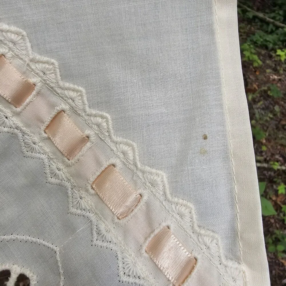 Set of 2 Vintage 1970s Swag Valances with Eyelet Lace & Pink Ribbon Trim